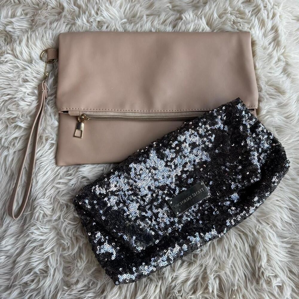 Victoria Secret Sequin Sparkle Clutch Purse + Basic Bag Bundle EUC